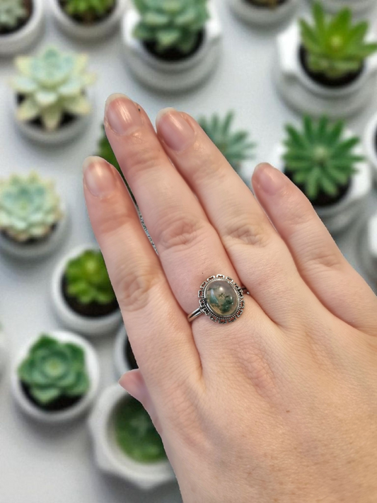 Silver Plated Ajustable Moss Agate Ring #2