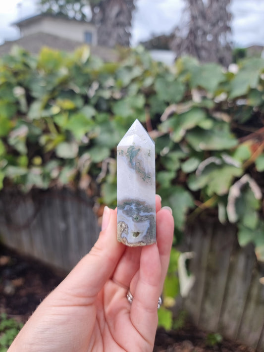 Small Moss Agate Point With Druze #2