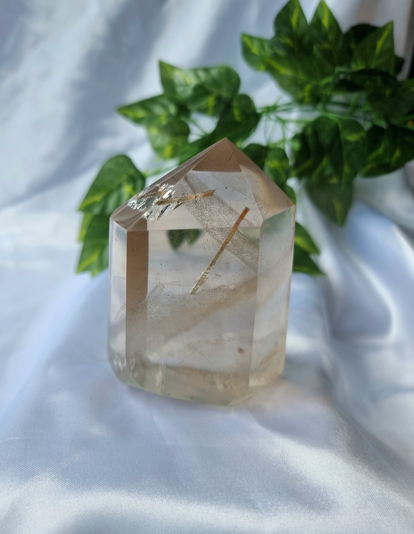 Smokey Quartz point with Golden Rutiles