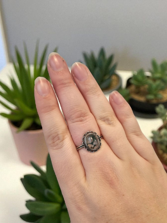 Silver Plated Ajustable Moss Agate Ring #1